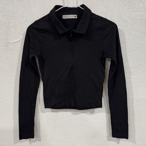 Cloud Dancer Black Ribbed Knit Zip Up Crop Polo Shirt Long Sleeve Juniors S